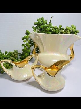 Vintage Pearl China Co. 3-Piece Lusterware Console Set w/ 22K Gold Trim USA